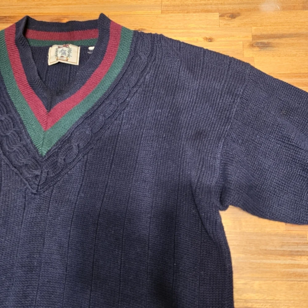 VTG Sears Roebuck & Co. Navy Cricket Sweater V-Neck Cable Knit Oversized